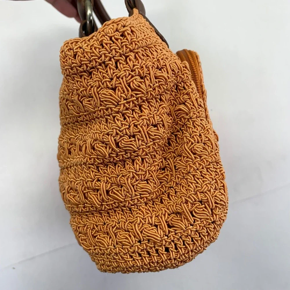 Rosetti Orange Woven Satchel Bag Purse Brown Faux Leather‎ Handle Small